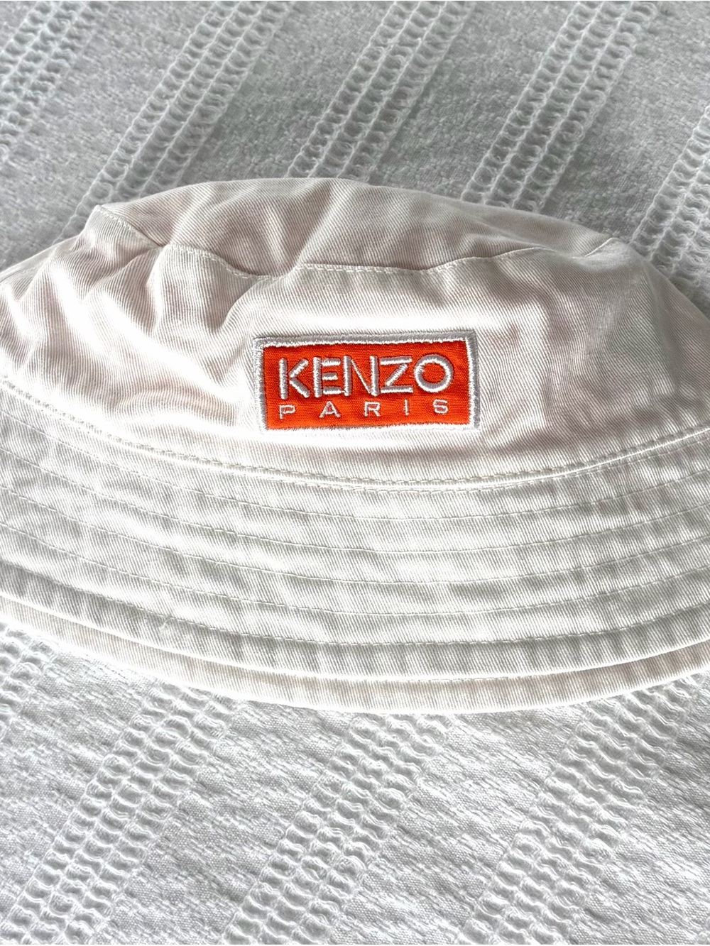 Kenzo White Bucket Hat with Orange Logo Patch